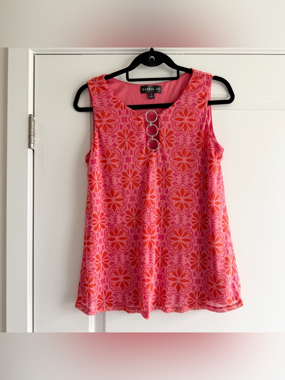 Harper 241 Pink Patterned Sleeveless Blouse w Metal Detail